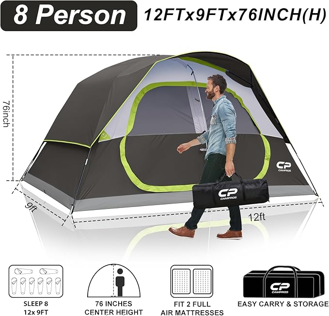 CAMPROS CP Tent 8 Person Camping Tents, Waterproof Windproof Family Tent with Top Rainfly, Large