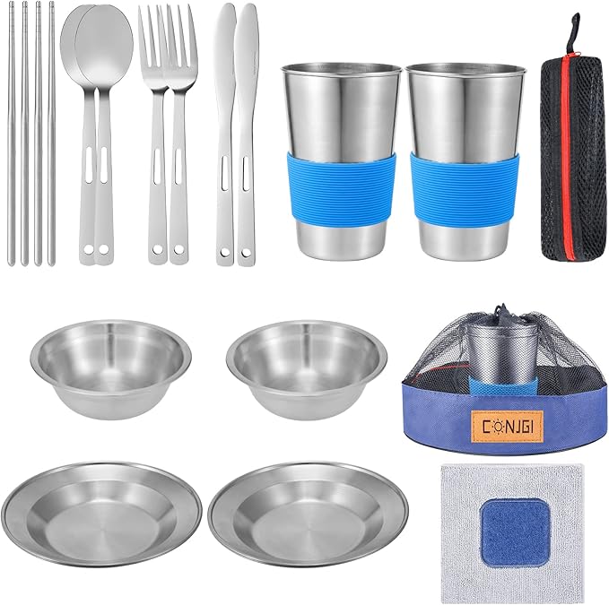 Outdoor Camping Mess Kit - 1 to 2 persons Camping Dishes Includes Cups, Bowls, Dishes, Knives