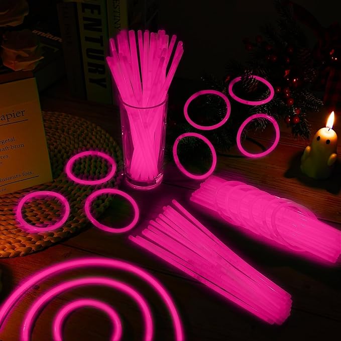 200 Pack 8'' Glow Sticks Bulk Party Favors Pink Light Up Sticks with Connectors Neon Glow in the