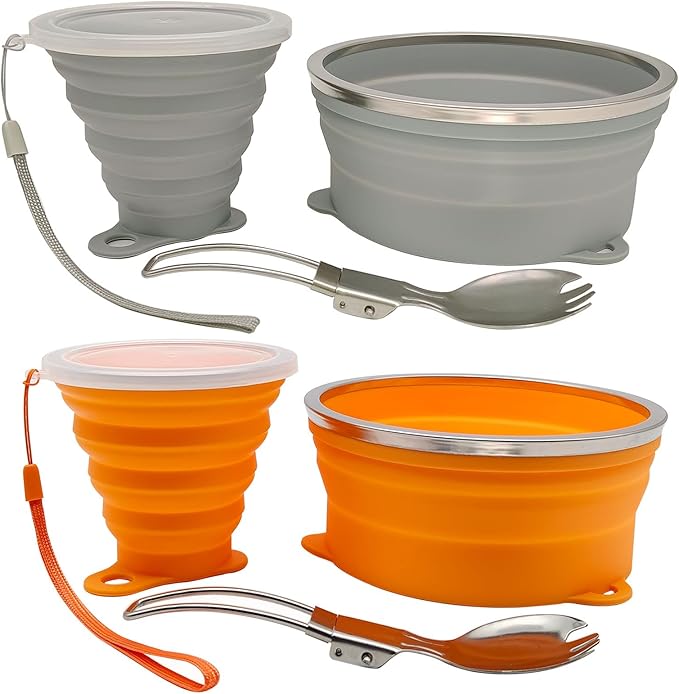 Mess Kit for Camping Silicone Collapsible Bowl Collapsible Cup and Stainless Steel Spoon for