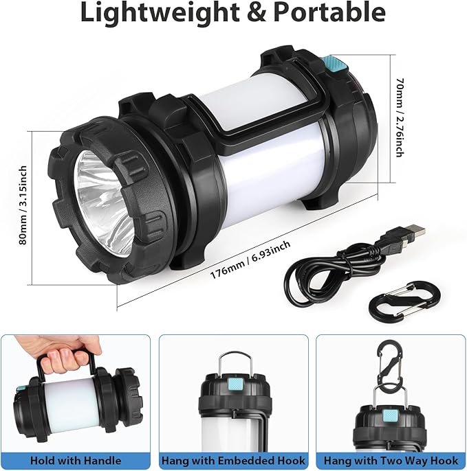 2 Pack Camping Lantern, Outdoor LED Camping Light, Rechargeable Flashlights with 1000LM, 6 Modes