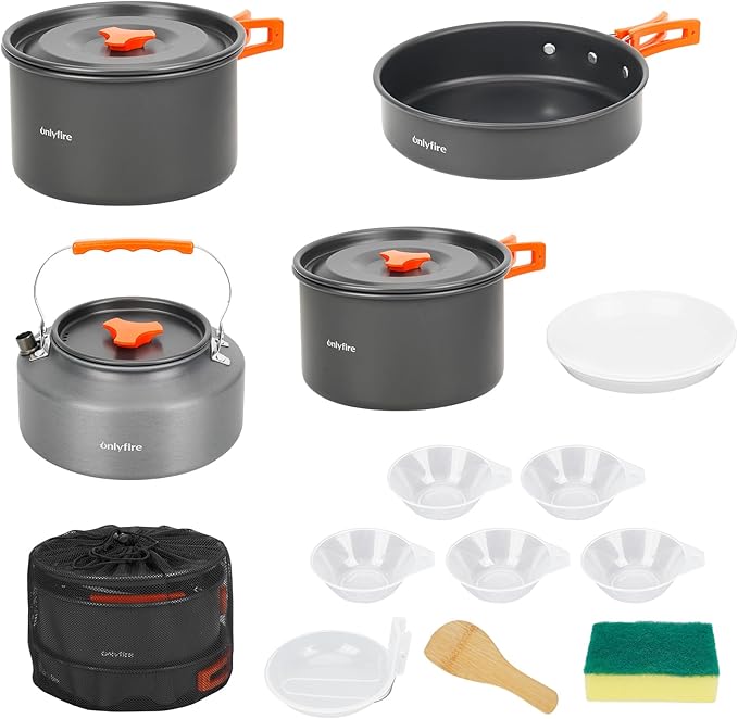 Onlyfire 15pcs Camping Cookware Mess Kit, Non-Stick Lightweight Pot Pan Kettle Set with Plates