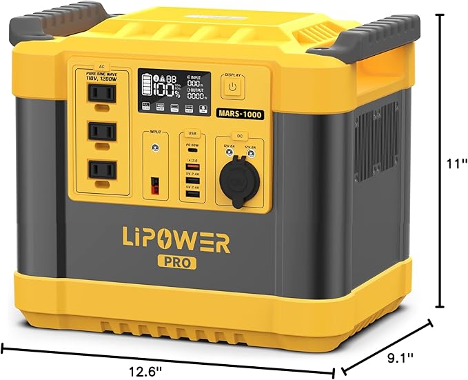 Lipower Solar Generator, 1120Wh Power Station 3 * 1000W AC Outlets(2000W peak), 60W USB-C Output