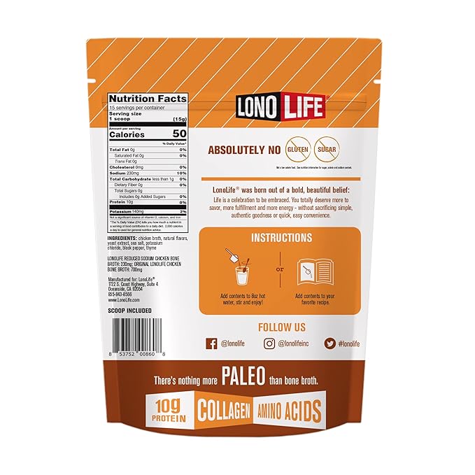 LonoLife Reduced Sodium Chicken Bone Broth Powder Mix | 10g Protein | Collagen-Rich, Keto & Paleo
