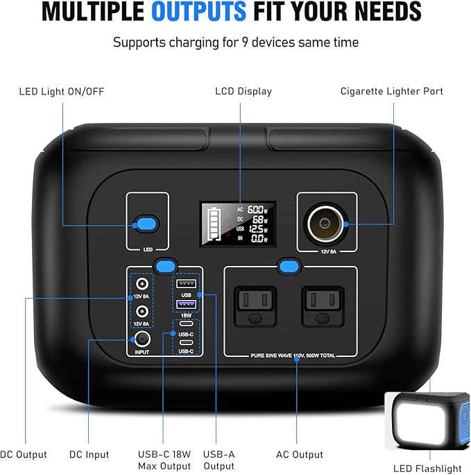 Portable Power Station 600W Power Bank 296Wh Solar Generator Lithium Battery Portable Generator