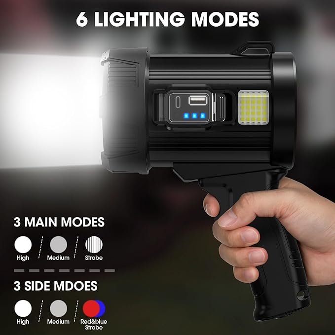 Rechargeable Spotlight, 99,000 Lumens Super Bright Handheld Led Flashlight, Outdoor Spot Light with