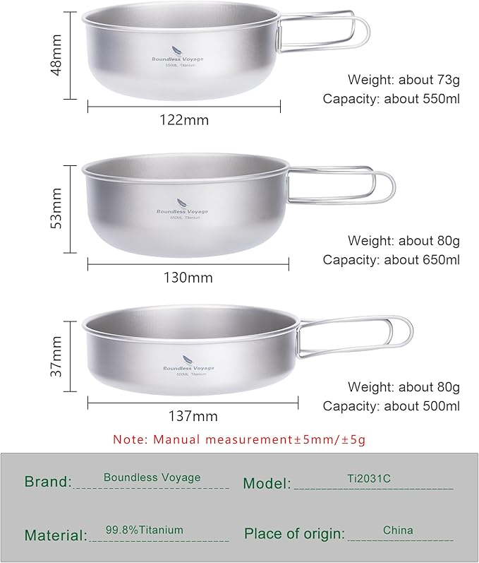 Camping Titanium Pots Set Titanium Bowl Set Outdoor Cookware Cooking Pan Pot with Folding-Handle