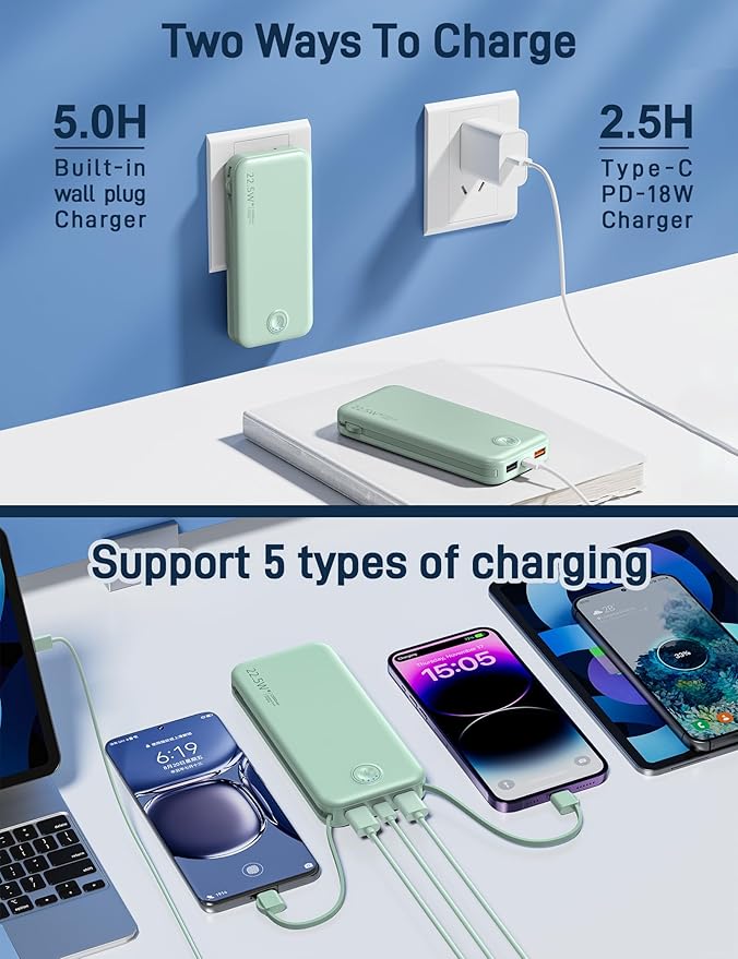 Portable Charger with Built in Cable and AC Wall Plug, USB C Power Bank 12000mAh 22.5W Super Fast