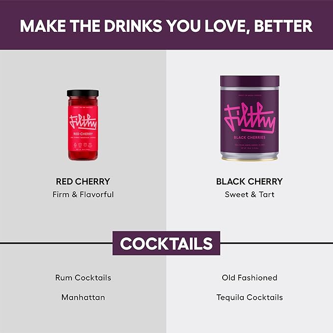 Filthy Cocktail Amarena Black Cherries, Premium Cocktail Garnish, All Natural Wild Italian Amarena