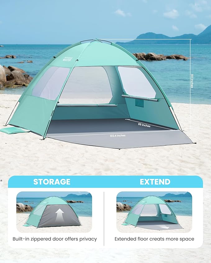 OutdoorMaster Beach Tent for 3/4 Person - Easy Setup Sun Shade Shelter, Portable Beach Shade Sun