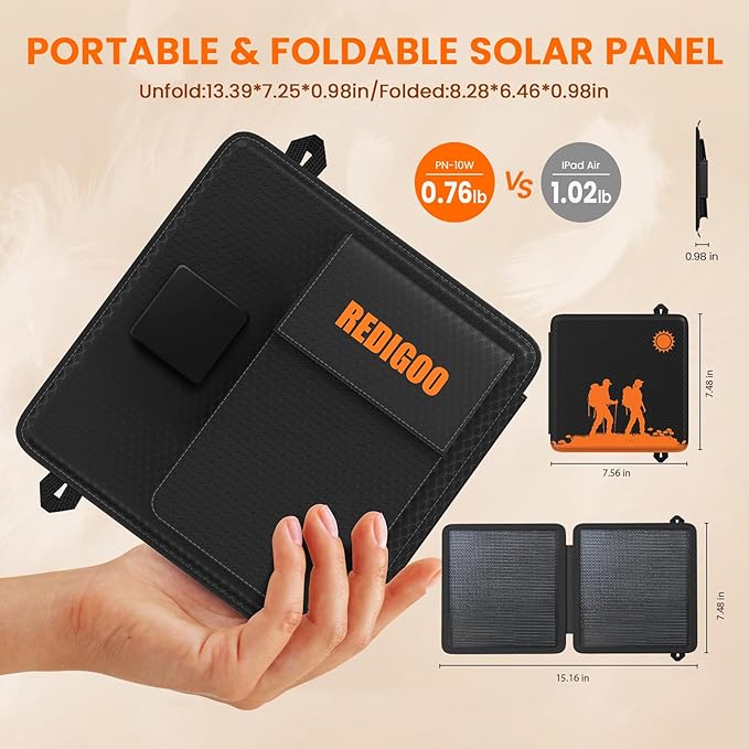 REDIGOO Portable 10W Solar Panel Charger, Mini Solar Panel with USB-C Outputs Compatible with Cell