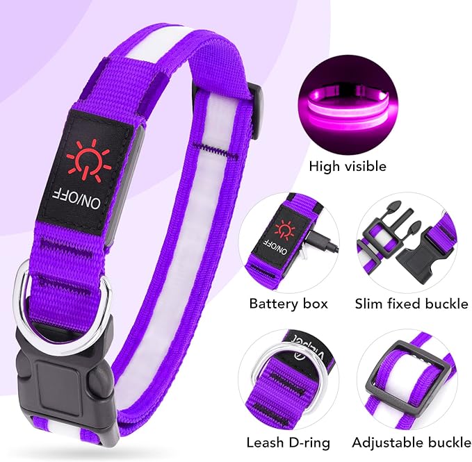 VIZPET LED Dog Collar, Light Up Dog Collar Adjustable USB Rechargeable Super Bright Safety Light