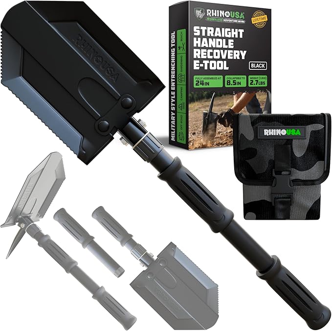 Rhino USA Survival Shovel w/Pick - Heavy Duty Carbon Steel Military Style Entrenching Tool for Off