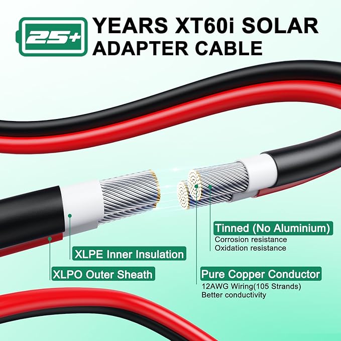 Oududianzi 12AWG XT60i Solar Cable 30FT, Solar to XT60i Cable 3 10 15 20 25 40 50FT, Solar Panel