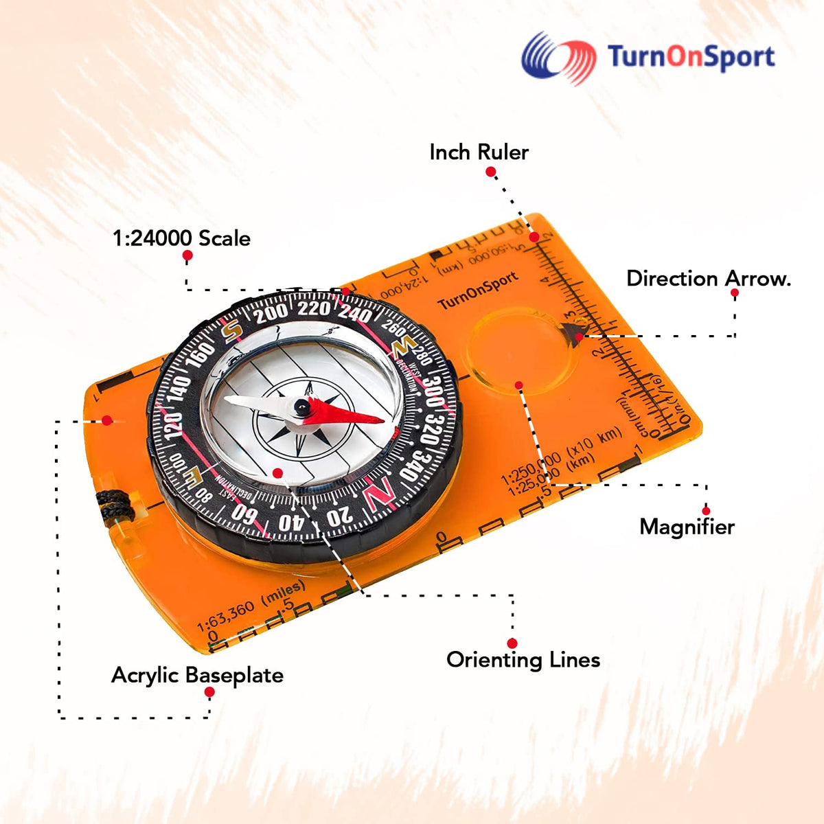 TurnOnSport Orienteering Compass - Orange - product view 2
