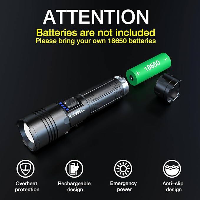 HAUSBELL A100 Upgraded LED Flashlights 20000 High Lumens, Zoomable Bright Flashlight with 5 Modes