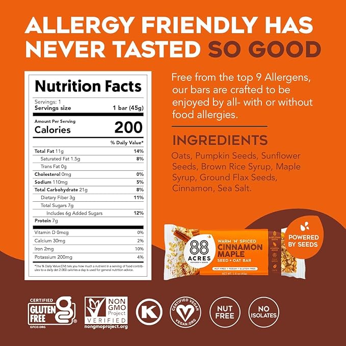 88 Acres Granola Bars | Cinnamon Maple | Gluten Free, Nut-Free Oat and Seed Snack Bar | Vegan & Non