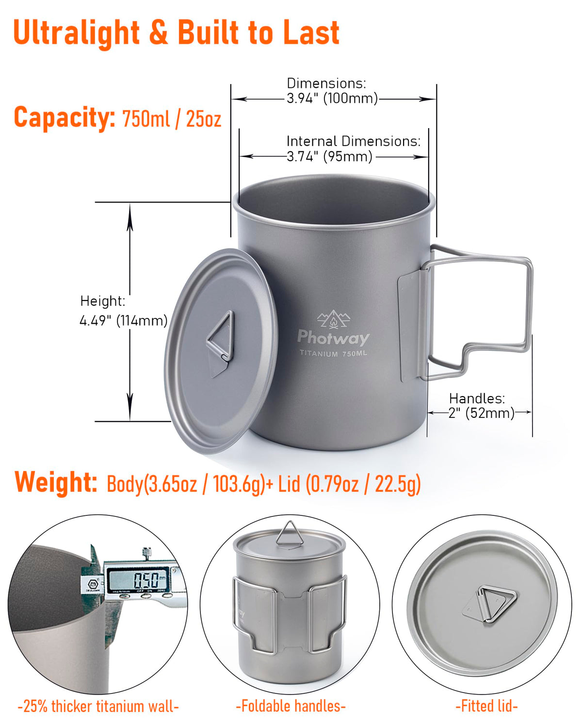 25oz (750ml) Titanium Camping Pot, Ultralight Backpacking Cookware & Campfire Mug for Hiking