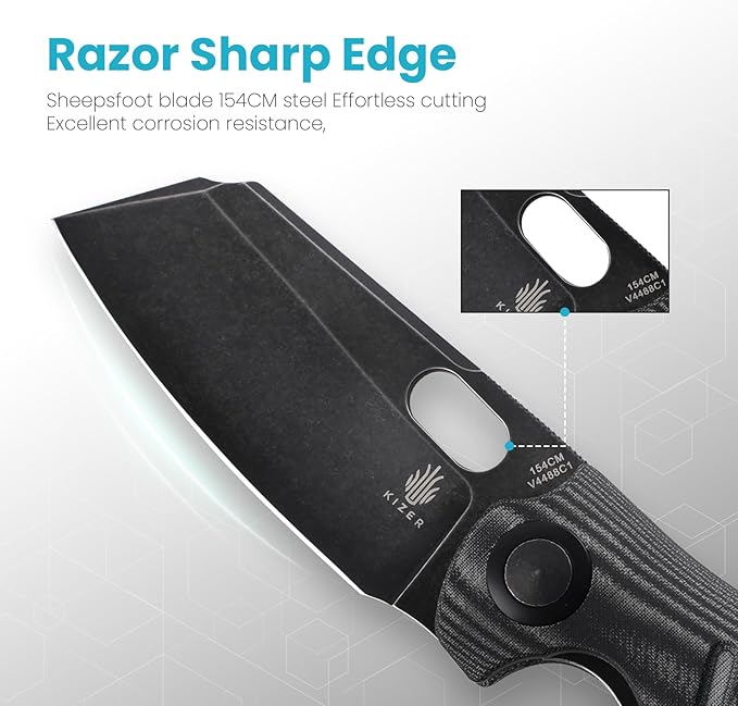 Kizer C01C Sheepdog Pocket Knife, 3.31" 154CM Blade EDC Camping Folding Knife with Black Micarta