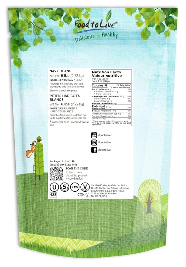 Food to Live Navy Beans, 6 Pounds Raw, Dried, Vegan, Kosher, Whole Small White Kidney Beans in