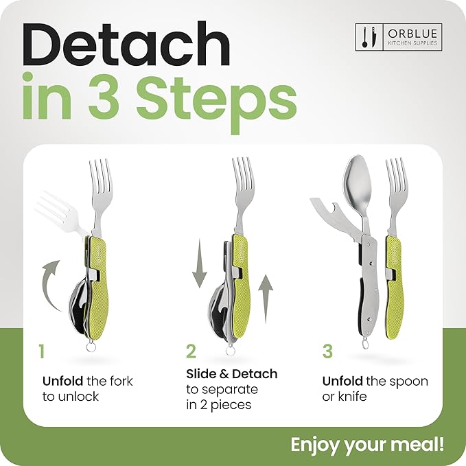 Orblue 4-in-1 Camping Eating Utensils, 2-Pack - Portable Spoon, Fork, Knife & Bottle Opener Combo