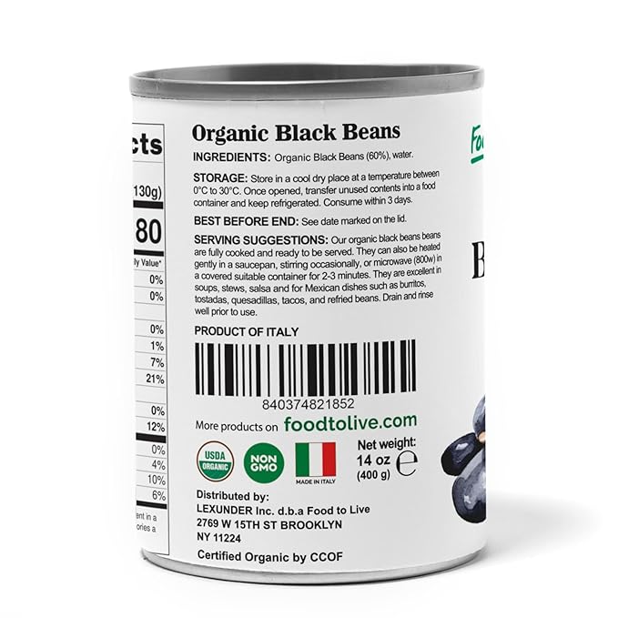 Food to Live Organic Canned Black Beans, 14 oz (Pack of 2) - Unsalted Non-GMO Frijoles Negro.