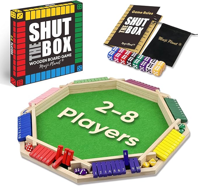 Deluxe 2-8 Player Original Shut The Box Game, Math Dice Board Game for Family Night Classroom