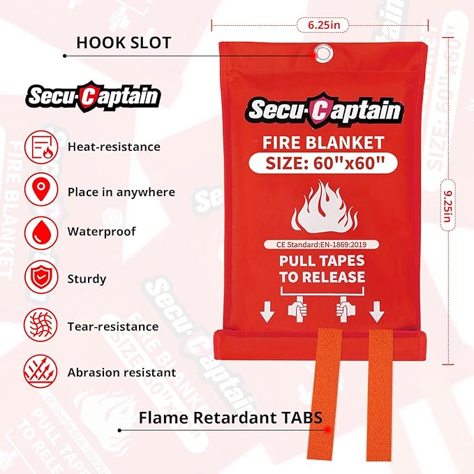 SecuCaptain Emergency Fire Blanket for Home - 60"x60" X-Large Flame Retardant Blankets with