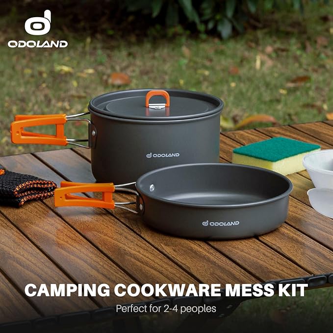 Odoland 9pcs Camping Cookware Non-Stick Lightweight Pots and Pans Set with Plastic Bowls Soup Spoon
