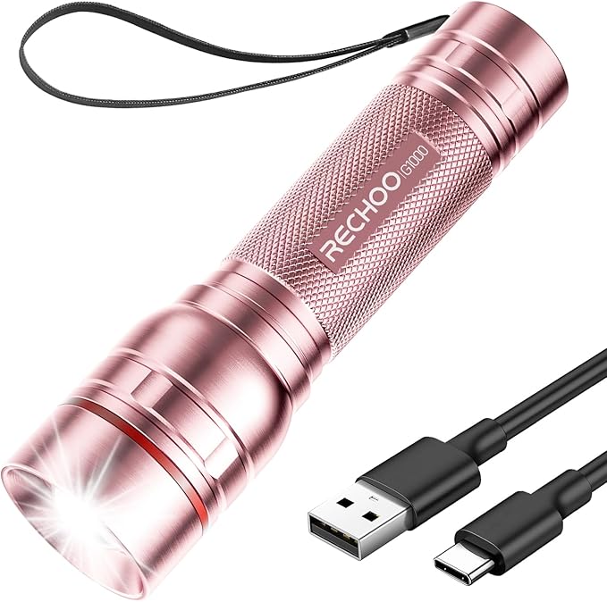 Rechargeable Flashlights High Lumens, G1000 Super Bright Flash Light Pink, Small Zoomable LED