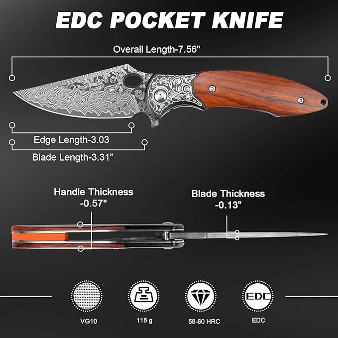 Damascus Pocket Knife, 3.3" Damascus Blade Wooden Handle EDC Pocket Knives & Folding Knives for Men