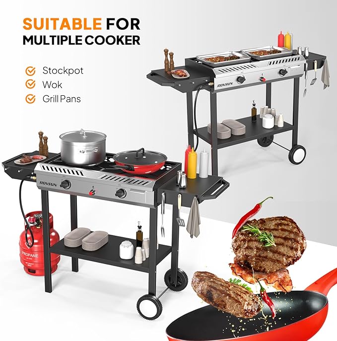 ROVSUN 2 Burner Outdoor Propane Gas Stove with Auto-ignition, Regulator & Shelf, 150,000 BTU