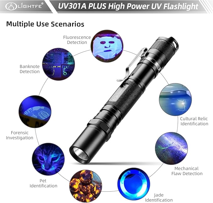 LIGHTFE Blacklight 395nm UV Flashlight UV301A-Plus with SSC UV LED, Pure Beam for UV Glue Curing