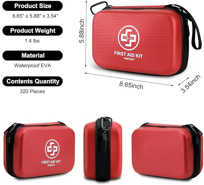 Premium First Aid Kit, 320 Piece Waterproof Hard Shell Eva First Aid Kit for Home, Camping, Cars