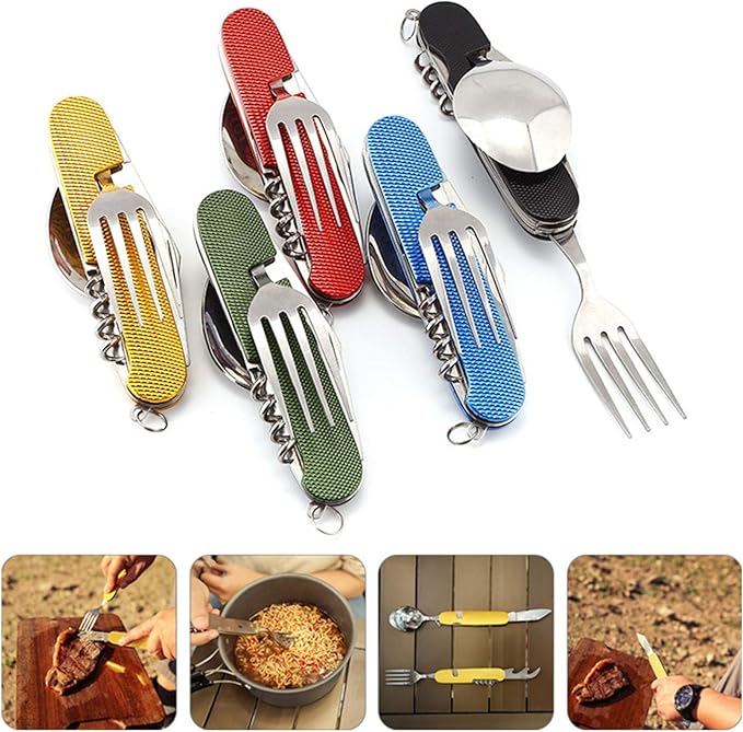 Cluck 6-in-1 Multi-Function Camping Utensil Flatware Set Detachable Spoon Fork Knife Combo Mess Kit