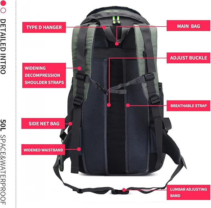 Bseash 50L Hiking Backpack, Water Resistant Lightweight Outdoor Sport Daypack Travel Bag for