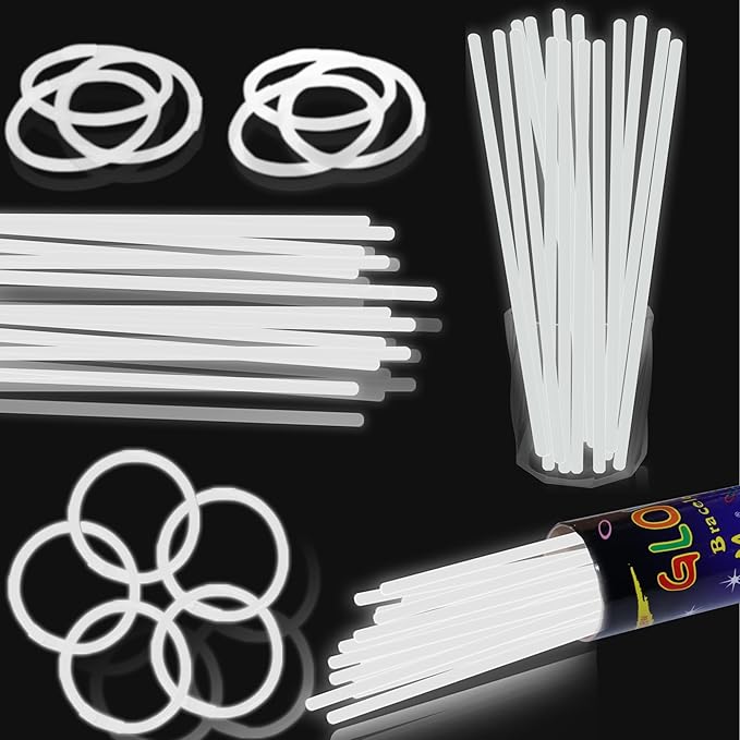 100 pk 8" White Glow Sticks Bulk Party Favors, Light up Glow Necklaces & Bracelets in the Dark