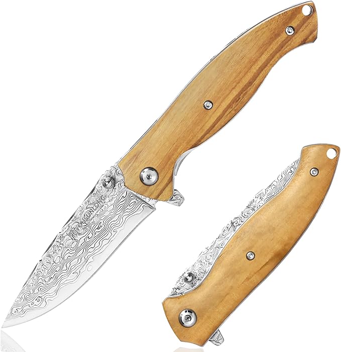 YOUSUNLONG Folding Knife Overall 191mm Pocket Knife - Hammered Damascus Steel Blade - Natural