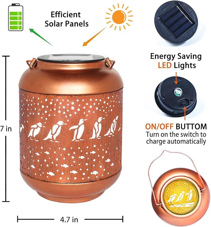 Penguin Solar Lanterns Outdoor Waterproof,Hanging Solar Lights Penguin Gifts for Women Men Metal