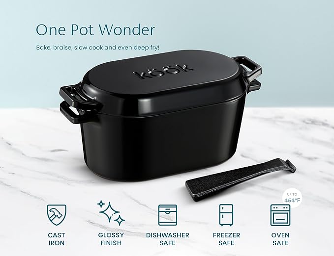 KooK Dutch Oven, for Bread Baking, Sourdough Loaf Pan, with Lid, Dual Handles, Enameled Cast Iron