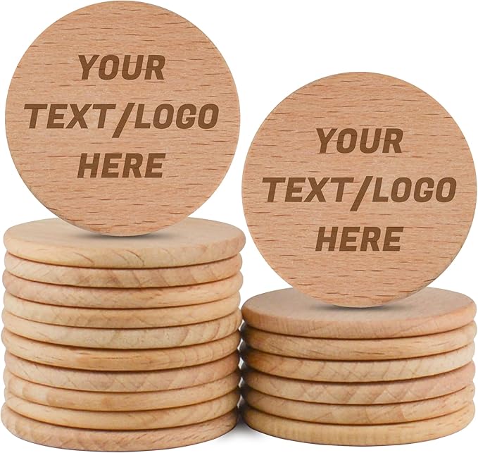 30-1000pcs 40mm Custom Wooden Drink Tokens,Double-Sided Laser Engraved with Logo,Text or