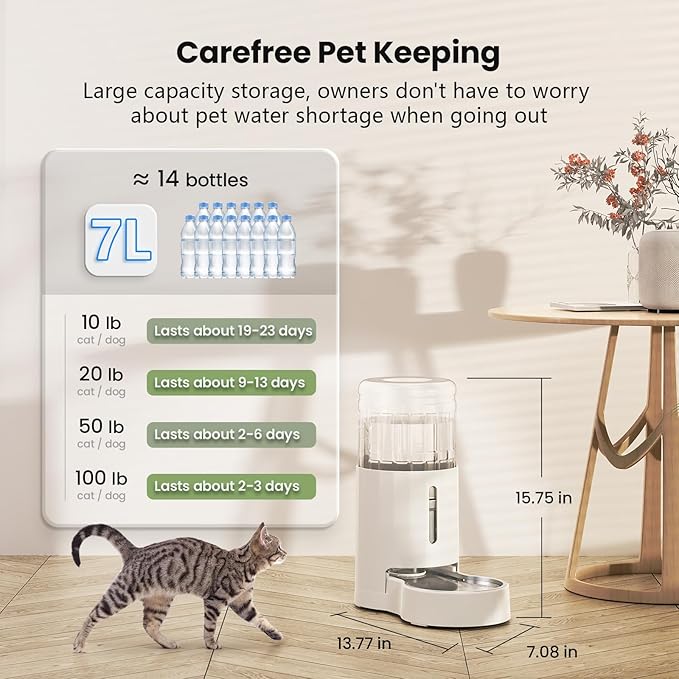 CZPET Automatic 7L Dog and Cat Water Dispenser with Stainless Steel Bowl Gravity Waterer,100%