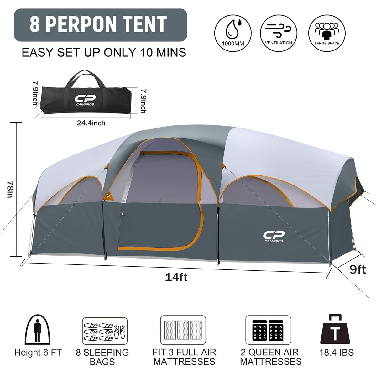 CAMPROS CP 8 Person Camping Tent, Room Divider, Rainfly, Weather Resistant