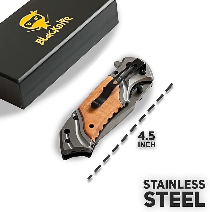BlacKnife Folding Pocket Knife with Wooden Handle and Clip – Ideal Knife for Camping, Hunting, DIY