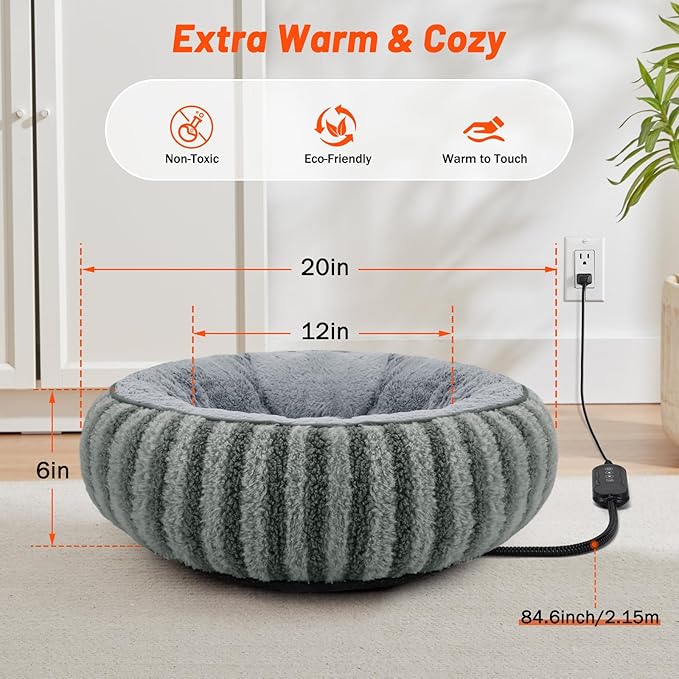 Toove Heated Cat Bed Indoor - 20" Heating Donut Pet Bed for Cats and Small Dogs, Ultra Soft & Cozy