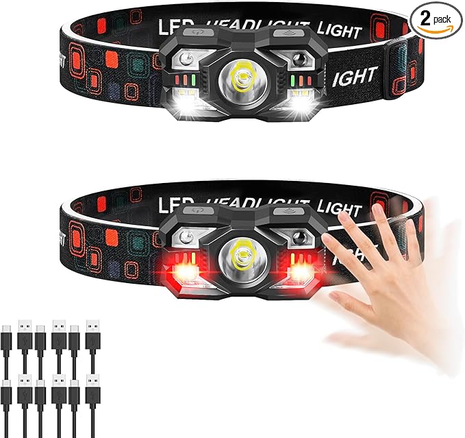 Headlamp Rechargeable 2Pack, 3000 Lumen Ultra-Light Bright Headlamp Flashlight with White Red