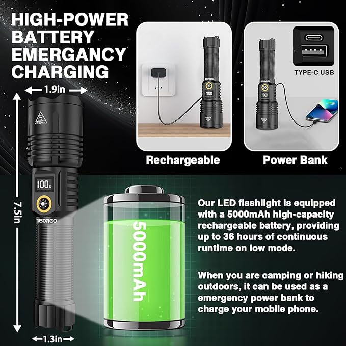 Rechargeable Flashlights 2200 High lumens, Super Bright LED Tactical Flashlight, Zoomable, IPX6