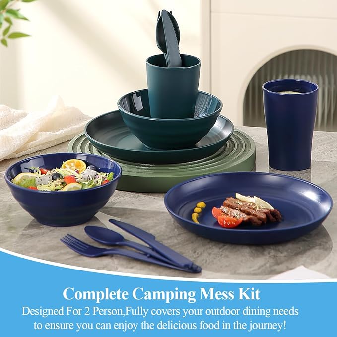 Camping Mess Kit for 2 with Bowl, Plate, Cup, Spoon, Fork, Knife and Carry Bag, Plastic Camping