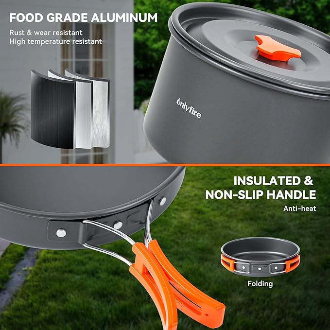 Onlyfire 14pcs Camping Cookware Mess Kit, Non-Stick Lightweight Pot Pan Kettle Set with Plates
