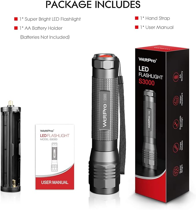 WdtPro High-Powered LED Flashlight S3000, Super Bright Flashlights - High Lumen, IP67 Water